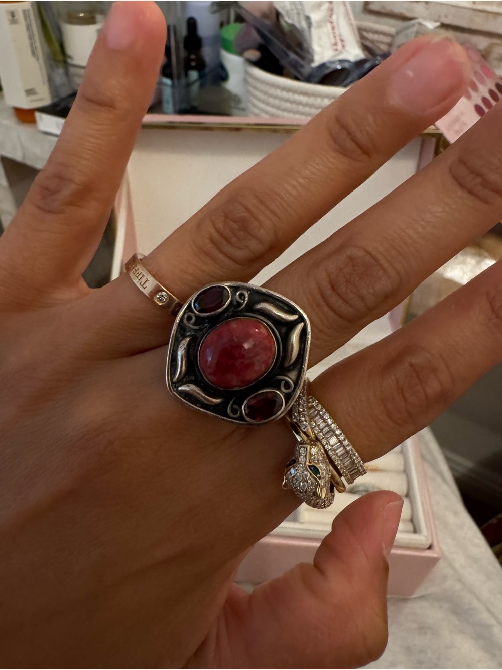 vintage artisan sterling silver cocktail ring featuring an oval cabochon cut pin
